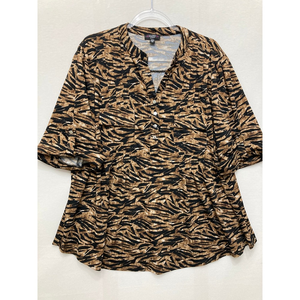 Cocomo Blouse 3X Brown Animal Print Roll Tab Sleeve Button Front Pintuck Stretch